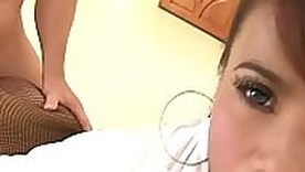 Fucking an Asian girl through her crotch-less stockings