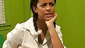 Pigtailed teen cutie in stockings fucked on a desk