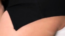 French milf Chloe's intimate solo show with sheer cut-offs and upskirt view