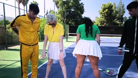Brunette coupled with blonde MILFs serve up a double-header in a steamy tennis match