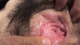 Asian babe with hairy pussy gets double penetration after deepthroat