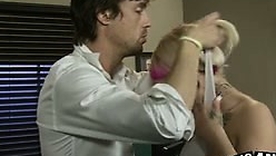 Vintage blonde secretary Jessie Lee gives a sensual blowjob helter-skelter her boss in an obstacle office