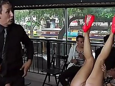 Blonde in pink skirt anal fisted in public bar