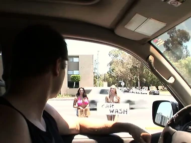 Busty blonde coupled with brunette babes clean cars in outdoor car wash