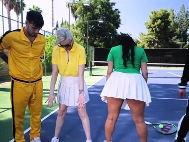 Brunette and blonde MILFs serve up a double-header in a steamy tennis match