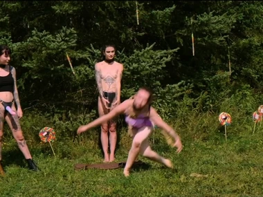 Piss-drinking submissive bdsm with busty belle outdoors