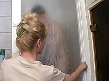 Mature mom and her son on the shower